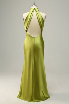 Halter Open Back Lemon Green Long Plus Size Bridesmaid Dress