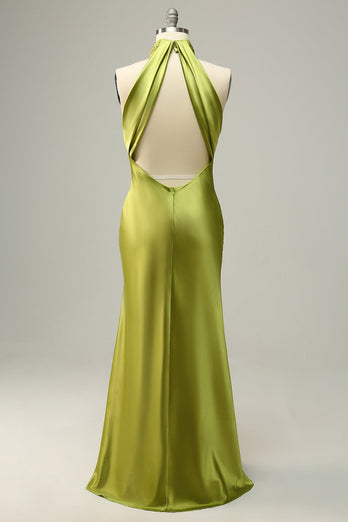 Halter Open Back Lemon Green Long Plus Size Bridesmaid Dress