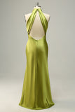 Halter Open Back Lemon Green Long Plus Size Bridesmaid Dress