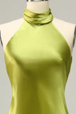 Halter Open Back Lemon Green Long Plus Size Bridesmaid Dress