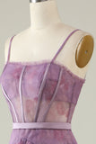 Purple Printed A Line Corset Formal Dress