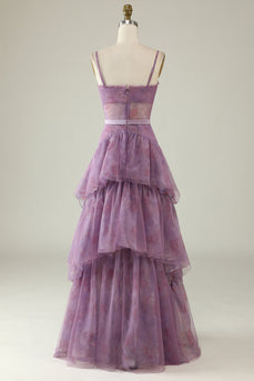 Purple Printed A Line Corset Formal Dress