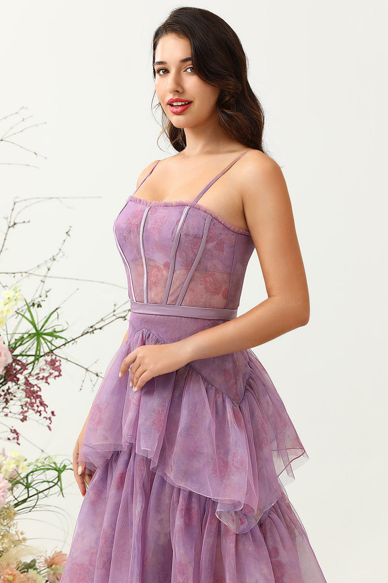 Load image into Gallery viewer, Purple Tulle Spaghetti Straps Corset Formal Dress