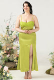 Sheath Spaghetti Straps Lemon Green Plus Size Wedding Guest Dress with Silt