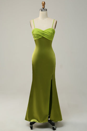 Sheath Spaghetti Straps Lemon Green Bridesmaid Dress with Silt