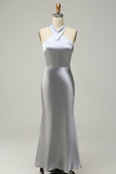 Sheath Halter Neck Silver Long Bridesmaid Dress