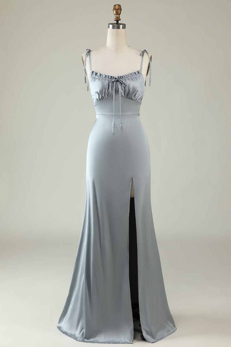 Load image into Gallery viewer, Spaghetti Straps Satin Grey Bridesmaid Dress with Slit