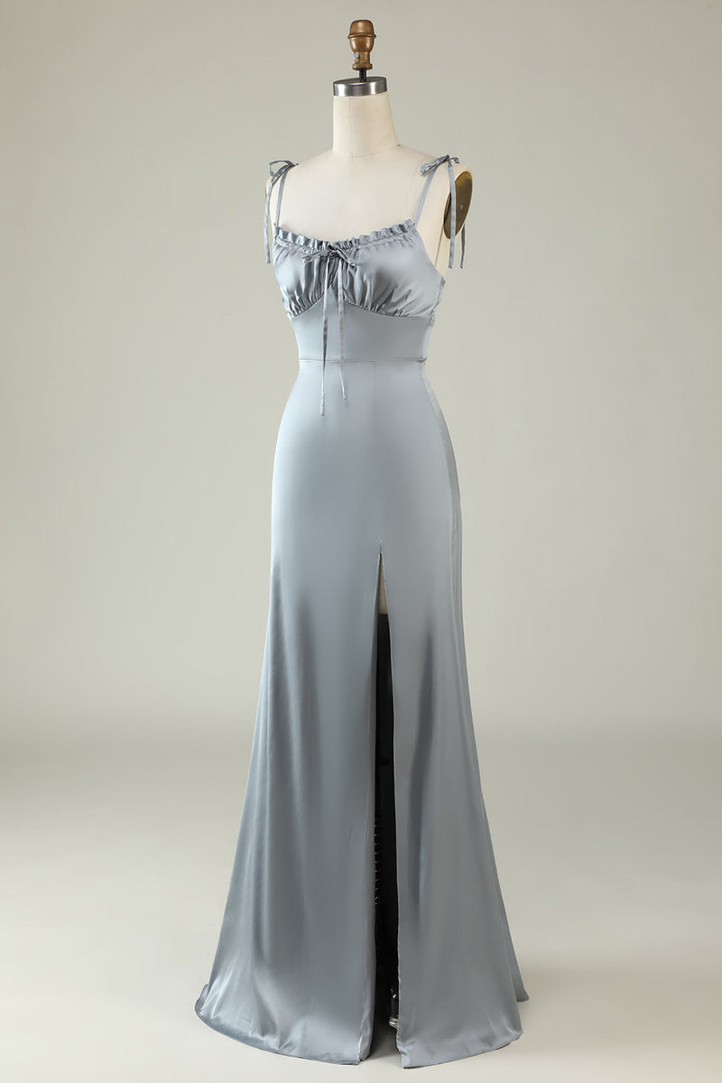 Load image into Gallery viewer, Spaghetti Straps Satin Grey Bridesmaid Dress with Slit