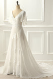 Ivory V Neck A Line Long Wedding Dress With Appliques