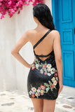 Bodycon One Shoulder Black Sequin Beading Short Formal Dress