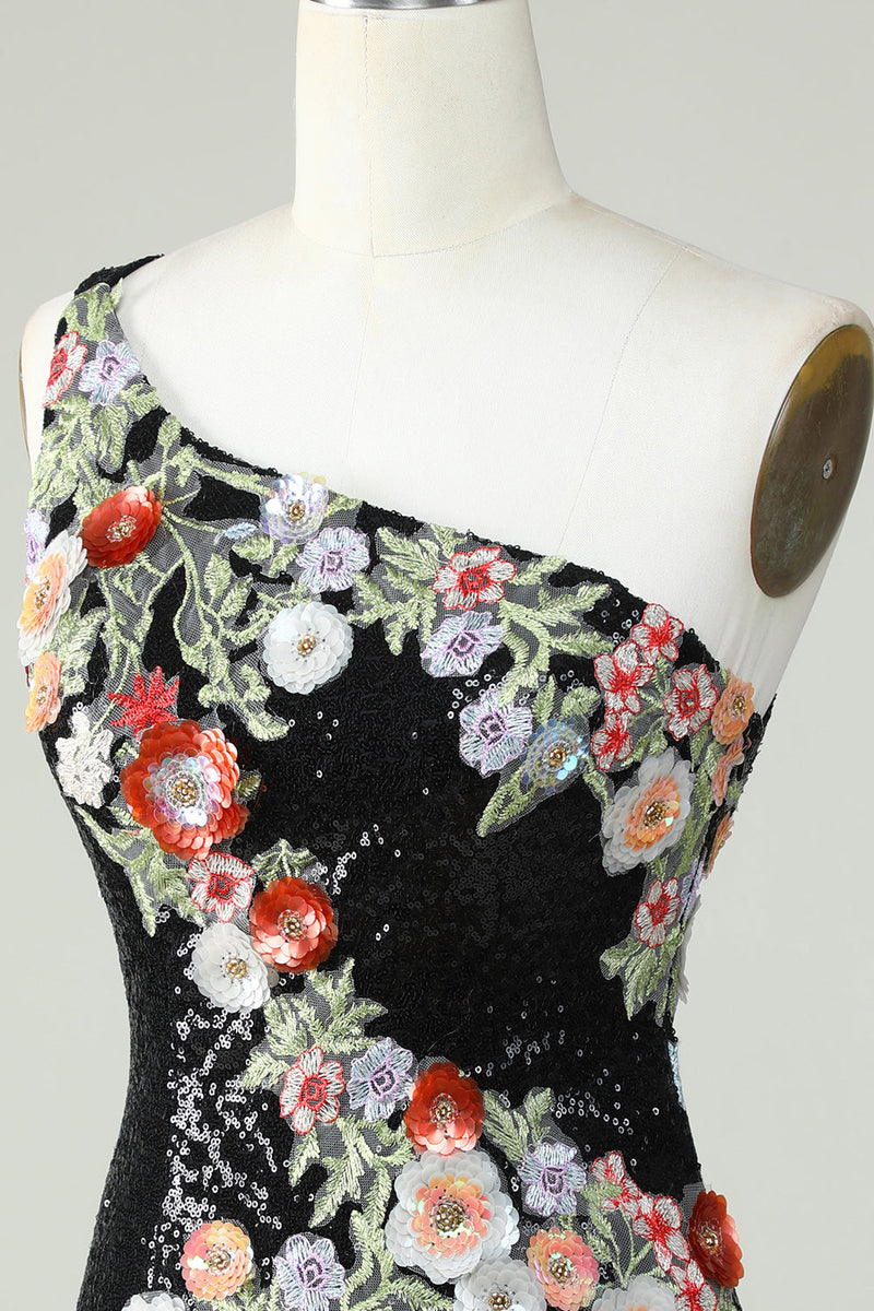 Load image into Gallery viewer, One Shoulder Black Sequin Beading Short Formal Dress
