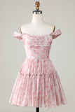 A Line Cute Blush Printed Short Formal Dress with Ruffles