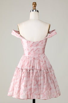 A Line Cute Blush Printed Short Formal Dress with Ruffles