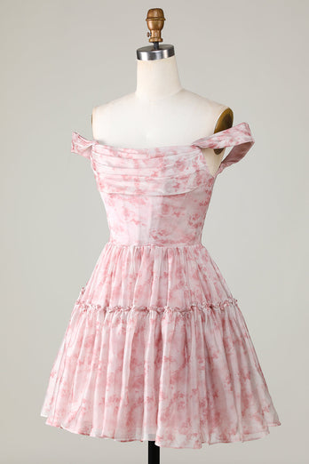 A Line Cute Blush Printed Short Formal Dress with Ruffles