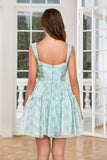 Cute A Line Off the Shoulder Blue Printed Short Homecoming Dress with Ruffles