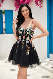 Stylish A Line Spaghetti Straps Black Short Formal Dress with Appliques