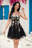 Stylish A Line Spaghetti Straps Black Short Formal Dress with Appliques