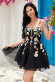 Stylish A Line Spaghetti Straps Black Short Formal Dress with Appliques