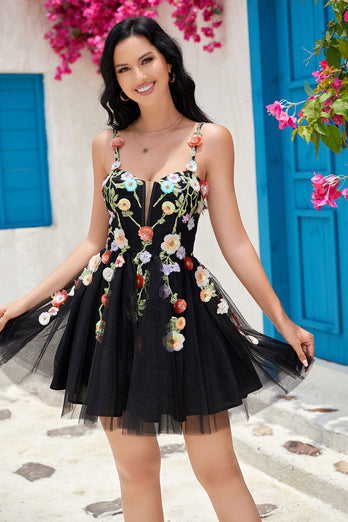Stylish A Line Spaghetti Straps Black Short Formal Dress with Appliques