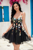 Stylish A Line Spaghetti Straps Black Short Formal Dress with Appliques