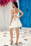 Stylish A Line Spaghetti Straps Champagne Short Formal Dress with Appliques