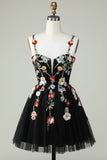 Spaghetti Straps Black A Line Sequin Flowers Short Formal Dress