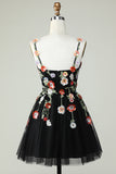 Spaghetti Straps Black A Line Sequin Flowers Short Formal Dress