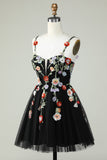 Spaghetti Straps Black A Line Sequin Flowers Short Formal Dress