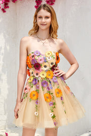 Champagne Strapless Short Formal Dress with 3D Flowers