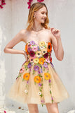 Champagne Strapless Short Formal Dress with 3D Flowers