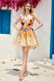 Champagne Strapless Short Formal Dress with 3D Flowers