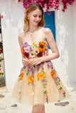 Champagne Strapless Short Formal Dress with 3D Flowers