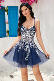 Stylish A Line Navy Spaghetti Straps Short Formal Dress With Criss Cross Back