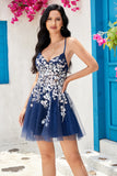 Stylish A Line Navy Spaghetti Straps Short Formal Dress With Criss Cross Back