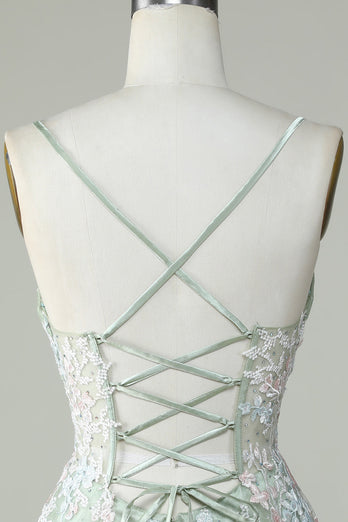 Dusty Sage Spaghetti Straps Short Formal Dress With Criss Cross Back