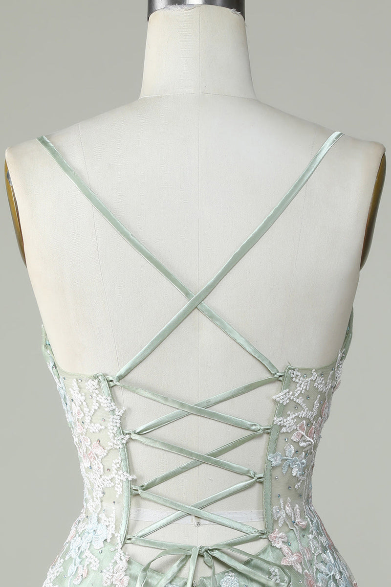 Load image into Gallery viewer, Dusty Sage Spaghetti Straps Short Formal Dress With Criss Cross Back
