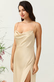 Spaghetti Straps Champagne Wedding Guest Dress with Slit