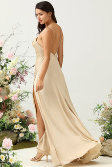 Spaghetti Straps Champagne Wedding Guest Dress with Slit