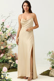 Spaghetti Straps Champagne Wedding Guest Dress with Slit