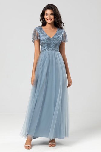 A Line V Neck Dusty Blue Long Bridesmaid Dress with Beading