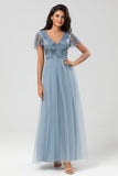 A Line V Neck Dusty Blue Long Bridesmaid Dress with Beading