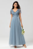 A Line V Neck Dusty Blue Long Bridesmaid Dress with Beading