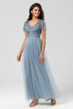A Line V Neck Dusty Blue Long Bridesmaid Dress with Beading