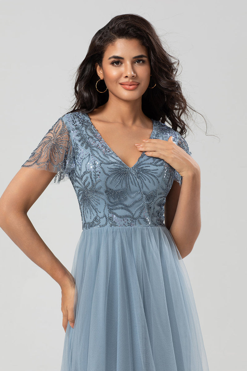 Load image into Gallery viewer, A Line V Neck Dusty Blue Long Bridesmaid Dress with Beading