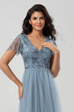 A Line V Neck Dusty Blue Long Bridesmaid Dress with Beading