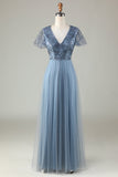 A Line V Neck Dusty Blue Long Bridesmaid Dress with Beading