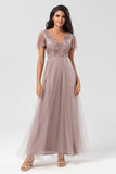 A Line V Neck Dusty Blue Long Bridesmaid Dress with Beading
