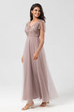 A Line V Neck Dusty Blue Long Bridesmaid Dress with Beading