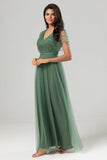 A-Line V Neck Eucalyptus Long Bridesmaid Dress with Beading