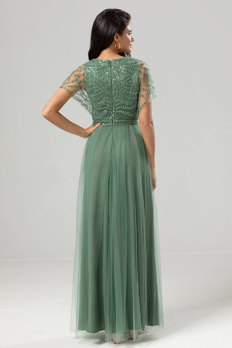 Load image into Gallery viewer, A-Line V Neck Eucalyptus Long Bridesmaid Dress with Beading